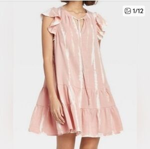 Anthropology Brand Knox Rose Blush Pink Tie Dye Dress with Ruffle Detail